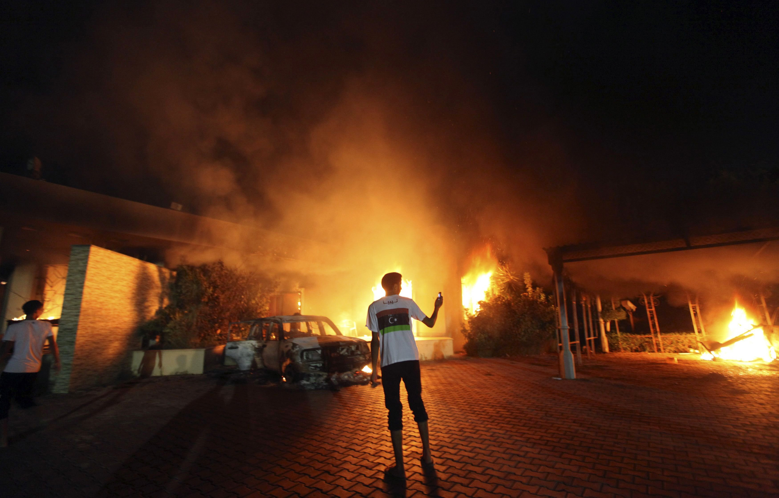 Image: The U.S. Consulate in Benghazi is seen in flames